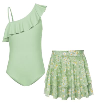 GRACE KARIN Girls Swimsuits Size 6 One Piece Green Off Shoulder Bathing Suit Swim Beach Wear - Image 1