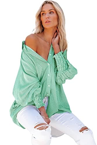 Womens Smocked Cuffed Striped Boyfriend Shirt Casual Collar Long Sleeve Oversized Button Down Blouse Tops with Pocket Shirred Green - Image 3