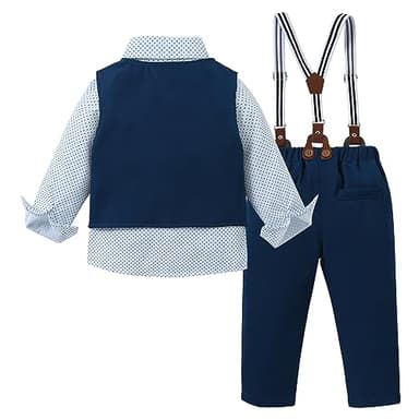 WESIDOM Toddler Boy Clothes Suits Gentleman Wedding Outfits Dress Bowtie Shirt+Vest+Boutonniere+Suspender Pants Sets(Navy Blue+5-6T) - Image 5