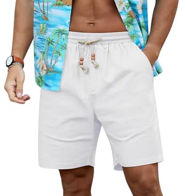 NITAGUT Mens Linen Shorts Casual Elastic Waist Drawstring Summer Beach Shorts with Pockets,White, X-Large - Image 2