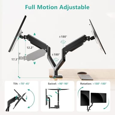 WALI Dual Monitor Stand for 17-32 inch Computer Screens, Dual Monitor Arms for 2 Monitors Holds up to 22 lbs, Height Adjustable Gas Spring Dual Monitors Mount, VESA 75x75/100x100mm (GSMP002N), Black - Image 3