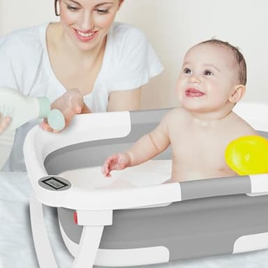 napei Collapsible Baby Bathtub,Baby Bath Tub with Soft Cushion & Thermometer,Baby Bathtub Newborn to Toddler 0-36 Months,Portable Travel Baby Tub - Image 2