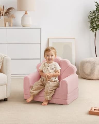 Blissful Diary Kids Couch, 2-in-1 Soft Toddler Couch Fold Out, Toddler Chair Comfy, Convertible Sofa to Lounger, Kids Furniture for Playroom, Gift for Birthday, Children's Day, Pink Shell - Image 6