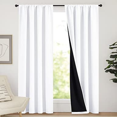 NICETOWN 100% Blackout Curtain Panels, Rod Pocket Window Curtains with Black Liner for Nursery, 84 inches Drop Cold and Full Light Blocking Draperies (White, 2 Pieces, 52 inches Wide Each Panel) - Image 1