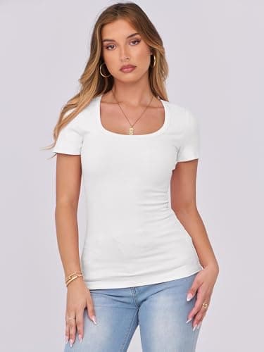ANRABESS Women Short Sleeve Tops Scoop Neck Ribbed Knit Slim Fitted Basic Tee Shirts Casual Summer Clothes 2025 Fall Outfits White X-Large - Image 3