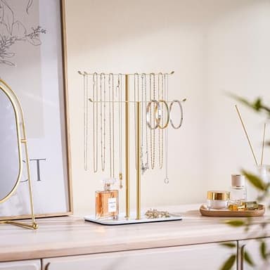 pickpiff Necklace Holder Jewelry Organizer Stand – 2‑Tier T‑Bar Jewelry Display Tree with Tray for Countertop Necklace Bracelet Earring Storage, Vanity Dresser Bathroom Sink, Gold - Image 2