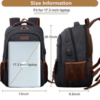 Mactso Canvas Travel Laptop Backpack for Men Women, Business Work Rucksack College Computer Bag Fits 17.3 Inch Notebook,Bookbag with USB Charging Port (Black, 17.3 Inch) - Image 5