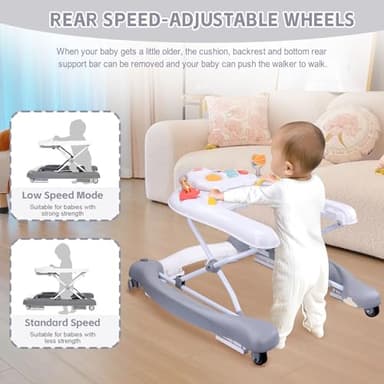 5 in 1 Foldable Baby Walker, Activity Baby Walker-Baby Bouncer, Rocker, Activity Center,Seat and Push Walker,Detachable Trampoline Mat, Adjustable Speed Rear Wheels and Height,Ages 6-18 Months(Grey) - Image 5