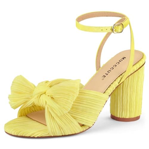MUCCCUTE Women's Bow Heels Chunky Block Open Toe Heeled Sandals Ankle Strap Buckle Heels for Bridal Wedding (Yellow, Size 9.5) - Image 1