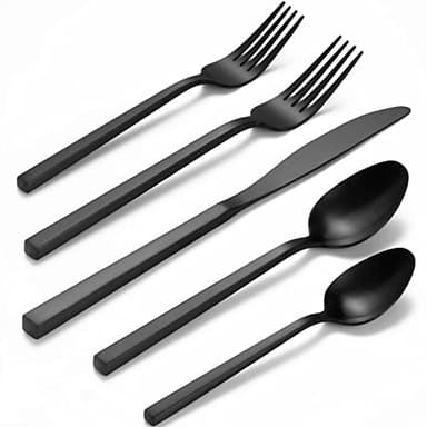 Alata Cube Black 20-Piece Forged Silverware Set Stainless Steel Flatware Set,Service for 4,Matte Satin Polished Cutlery Set,Dishwasher Safe - Image 1
