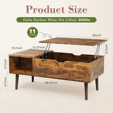 OLIXIS Wooden Coffee Table, Lift Top Coffee Table with Large Hidden Compartment and Ample Storage Shelf, Lift Tabletop Dining Table for Living Room, Home Small Space, Rustic - Image 2