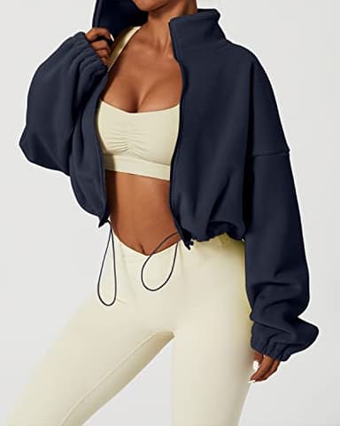QINSEN Women's Full Zip Fleece Jacket Stand Collar Winter Warm Cropped Outwear Baggy Sherpa Short Coat Navy M - Image 2