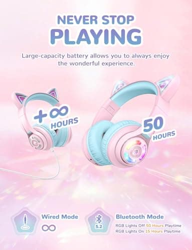 iClever Cat Ear Kids Bluetooth Headphones, LED Lights Up, 74/85dBA Safe Volume Limited, 50H Playtime,Bluetooth 5.2, USB C, Kids Headphones Wireless for Travel iPad Tablet, Meow Macaron Pink - Image 4