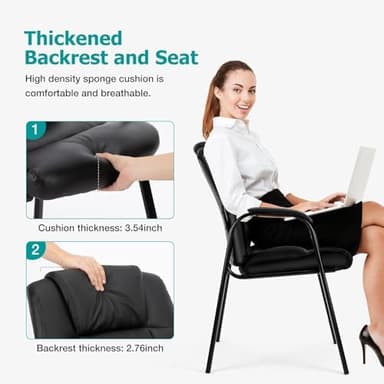 DUMOS Reception Chair with Padded Arms - Executive Leather Waiting Room Chairs Office Guest Chair No Wheels for Conference Room Lobby Side, Black - Image 3