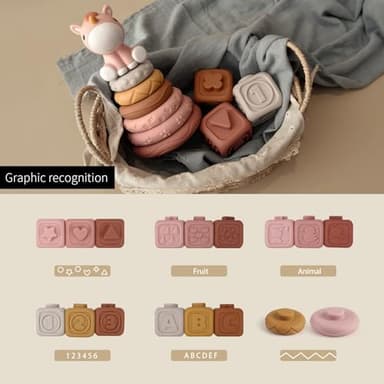 Nueplay 13 Pcs Building Circle & Blocks, Stacking & Nesting Baby Toys with Horse Figure, Newborn Essentials Squeeze Teething Toy Gifts for 6 12 18 Months Baby Toddler Girls - Image 2