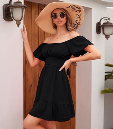 Phortric Womens Tie Back Summer Dress Square Neck Short Sleeve Off Shoulder A-Line Casual Mini Dresses(Black,X-Small) - Image 5