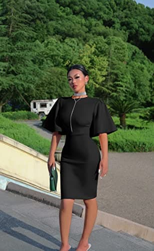 Memoriesea Women's Basic Bodycon Ruffle Flared Short Sleeve Pencil Midi Dress Black - Image 3