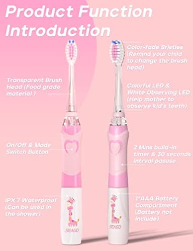 SEAGO Kids Electric Toothbrush with 2 Mins Timer and 4 Replacement Bursh Heads, Rainbow LED Light Make Brushing Fun, Pink Color Girls Battery Powerd for 4-12 Years Old，SG-977 - Image 4