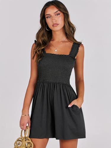 Caracilia Women's Summer Casual Smocked Rompers Square Neck Sleeveless Loose Shorts Jumpsuit 2025 Beach Vacation Outfits Black - Image 2