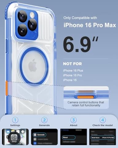 Haireca for iPhone 16 Pro Max Waterproof Case with Magsafe, Built in Camera Control [Screen Protector] [Lanyard], IP68 Military Full Body Shockproof, for Water Sports Outdoor Work, 6.9" Frosted Blue - Image 2