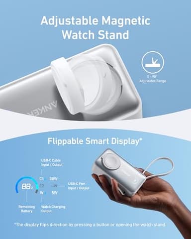 Anker MagGo Power Bank for Apple Watch, Officially Certified 10,000mAh Compact Battery Pack with Built-in USB-C Cable, 35W Max, for iPhone 15 Series, Samsung, iPad, AirPods, and More(White) - Image 5