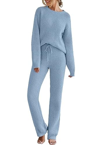 MEROKEETY Womens Pajama Sets 2025 Fall Lounge Sweater Set Cute Fuzzy Fleece 2 Piece Long Sleeve Cozy Winter Pj Outfits, Blue, X-Large - Image 1