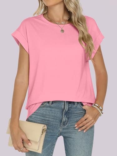 ANRABESS Womens Tops Summer Cap Sleeve Basic Tee Shirts 2025 Trendy Loose Fit Casual Dressy Business Work Tshirts Clothes Pink Large - Image 2