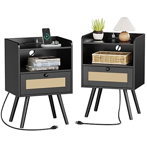 SUPERJARE Nightstands with Charging Station, Bedside Table Set of 2 with PE Rattan Drawers, Rattan Side Table with Storage & Solid Wood Feet, End Table for Bedroom, Black - Image 1