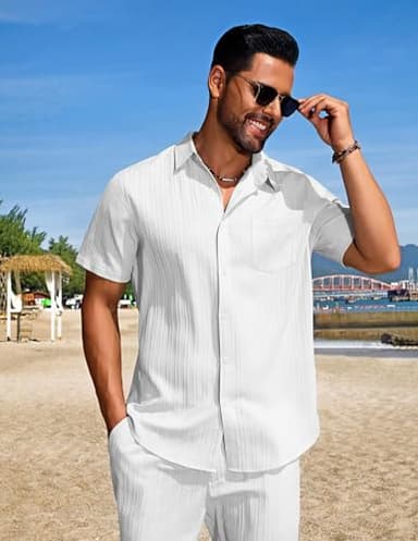 COOFANDY Men's Summer Short Sets Vacation Outfit Casual Button Down Shirt Beach Wedding Attire - Image 2