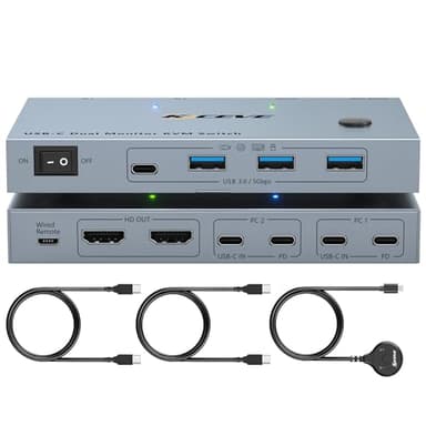 USB C KVM Switch 2 Monitors 2 Laptops, 4K@60Hz USB C Dual Monitor KVM Switch for 2 laptops to Share 2 Monitor and 4 USB3.0 Devices, 80W PD Charging, Wired Remote and Cables Included - Image 1