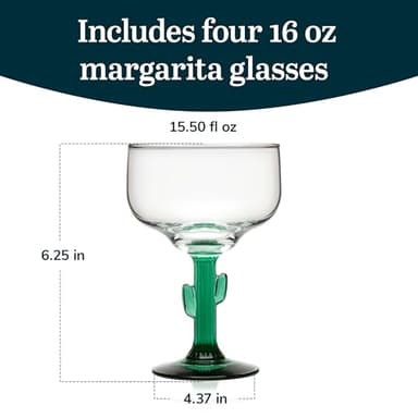 Libbey Cactus Margarita Glasses Set of 4, Durable Green Stemmed Cocktail Glasses, Lead-Free Cactus Glassware, Unique Plant Themed Frozen Margarita Glasses, 16-Ounce - Image 3