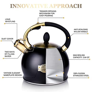 SUSTEAS Stove Top Whistling Tea Kettle - Food Grade Stainless Steel Teakettle Teapot with Cool Touch Ergonomic Handle, With 1 Silicone Pinch Mitt Included, 2.64 Quart(BLACK) - Image 2
