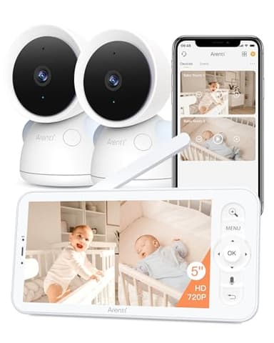 ARENTI Baby Monitor with 2 Cameras, 2K/3MP WiFi 6 Camera and Audio, 5-inch Wireless Screen, Smartphone App, Super Night Vision, Crying Detection, Auto Tracking, Temp&Humidity Sensor (D3 Set) - Image 1