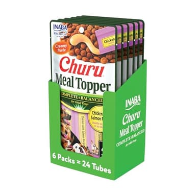INABA Churu Meal Topper for Dogs, Complete & Balance, Creamy, Lickable Purée Dog Food Topper, 0.5 Ounce Tube, 24 Tubes (4 per Pack), Chicken with Salmon Recipe - Image 1