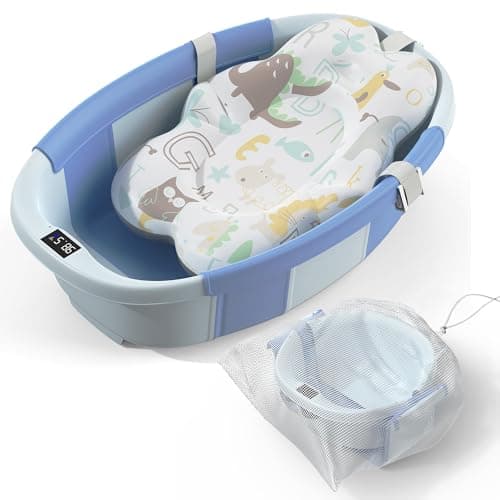 Collapsible Baby Bathtub - Large Baby Bath Tub with Thermometer & Cushion | Travel Portable Newborn Infant Bathtub | Foldable Toddler Bathtub for Baby 0 to 36 Months (Blue) - Image 1