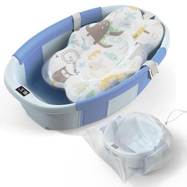 Collapsible Baby Bathtub - Large Baby Bath Tub with Thermometer & Cushion | Travel Portable Newborn Infant Bathtub | Foldable Toddler Bathtub for Baby 0 to 36 Months (Blue) - Image 1