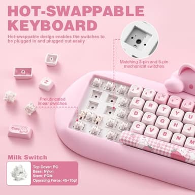 YUNZII C68 Wireless Mechanical Keyboard,65% Layout,Hot Swap,Triple Mode BT5.0/2.4G/Wired, RGB Backlit NKRO,Cute Cat Silicone Ergonomic Design for Win/Mac (Pink, Milk Switch) - Image 6