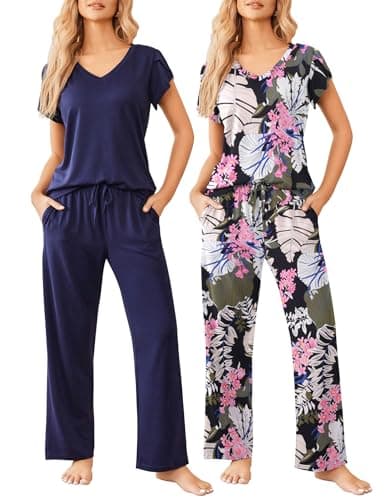 Ekouaer 2 Pack Womens Pajamas Short Sleeve Sleepwear Top with Pants Super-Soft Printed Lounge Sets S-XXL - Image 1