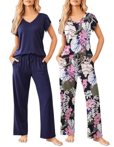 Ekouaer 2 Pack Womens Pajamas Short Sleeve Sleepwear Top with Pants Super-Soft Printed Lounge Sets S-XXL - Image 1
