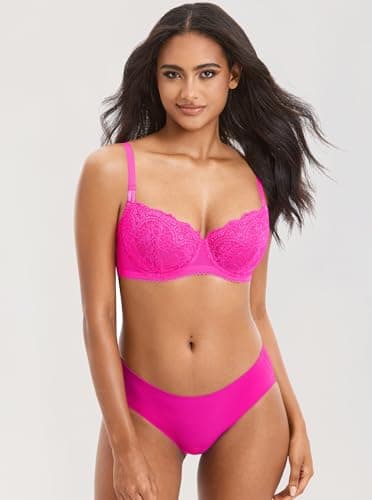 DOBREVA Women's Sexy Lace Push Up Plus Size Bra Sheer Balconette Underwire Unlined Bright Fuchsia 34E - Image 2