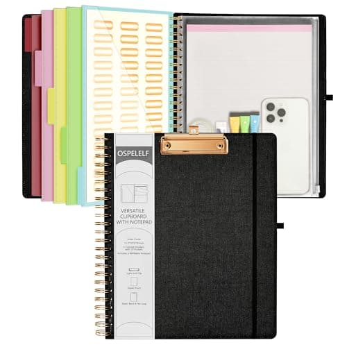 Ospelelf Black Foldable Spiral Clipboard Folio with Storage Zipper Pouch, 5 Plastic Folders with 10 Pockets,Refillable Lined Notepad (11" x 8.5"), Hardcover Project Organizer with 39 Stickers - Image 1