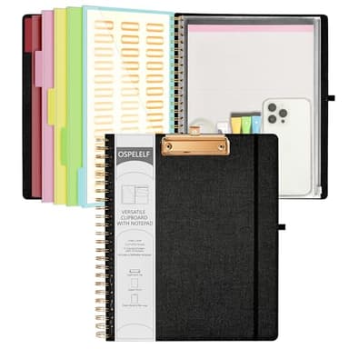 Ospelelf Black Foldable Spiral Clipboard Folio with Storage Zipper Pouch, 5 Plastic Folders with 10 Pockets,Refillable Lined Notepad (11" x 8.5"), Hardcover Project Organizer with 39 Stickers - Image 1