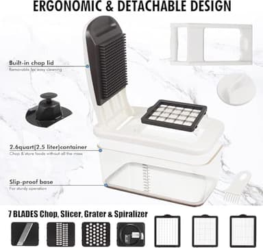 RüK Vegetable Chopper, Extra Large Chopper Vegetable Cutter, Multifunctional 10-in-1 Pro Food Chopper - 6 Blades, 4 Vegetable Spiralizers, E-Recipes - Veggie Chopper with Container - Image 7