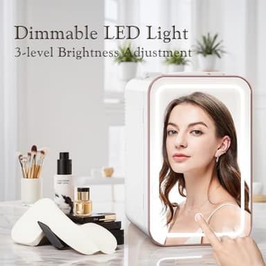 YLFU Skincare Fridge, 6L/10 Can Mini Fridge for Bedroom with Dimmable LED Mirror, Portable Cooler & Warmer Small Compact Refrigerator for Skincare, Cosmetics, Bedroom and Office, White - Image 2