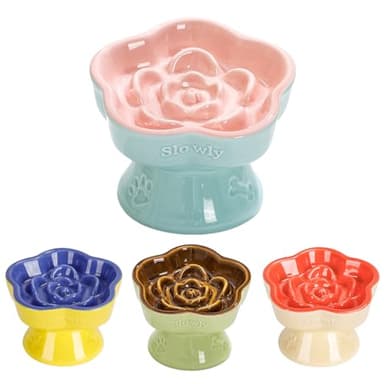 S&Q's CERAMICS Raised Slow Feeder Cat Bowl, Ceramic Elevated and Titled Glass Food Bowl Small Dogs Slow Feeder, Flower Shaped Cute Cat Dish for Dry and Wet Food (Pink, 5.8") - Image 1