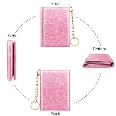 Trifold Small RFID Blocking Wallet Pocket Cute Short Slim Sparkling Credit Card Holder Leather Keychain Ladies Mini Purse with ID Window, Glitter Peach - Image 7