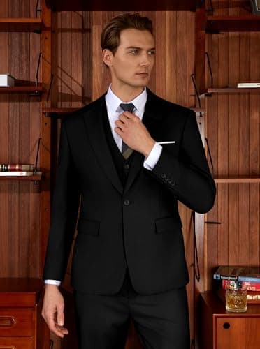 WULFUL Men’s Slim Fit Suit One Button 3-Piece Blazer Dress Business Wedding Party Jacket Vest & Pant Black - Image 9