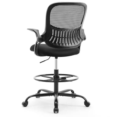 Sweetcrispy Tall Drafting Desk Chair - Ergonomic High Stool Computer with Adjustable Height and Comfy Lumbar Support, Office Rolling Counter with Flip-up Arm and Footrest, Black - Image 1
