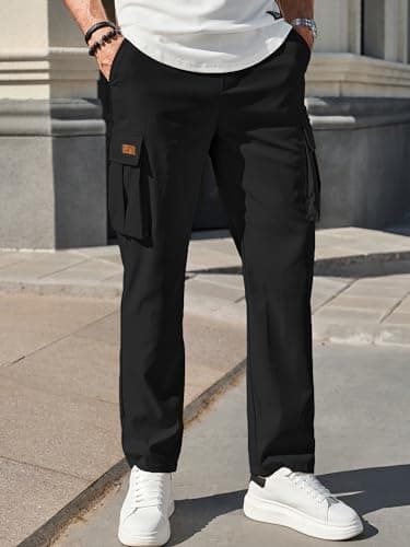 PLEPAN Men's Sweat Pants Casual Cargo Pants Drawstring Hiking Pants Workout Tactical Joggers Sweatpants for Men Black Large - Image 7