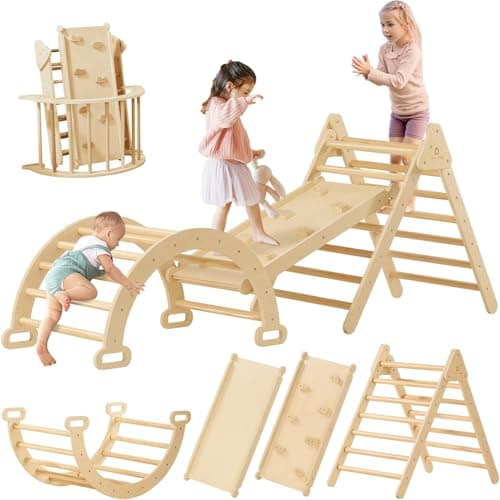 Tiny Land Pikler Triangle Set, 7-in-1 Foldable Pikler Triangle Climbing Toys Set for Kids,Baby Indoor Playground Jungle Gym, Wooden Montessori Climbing Set for Toddler (Natural) - Image 1